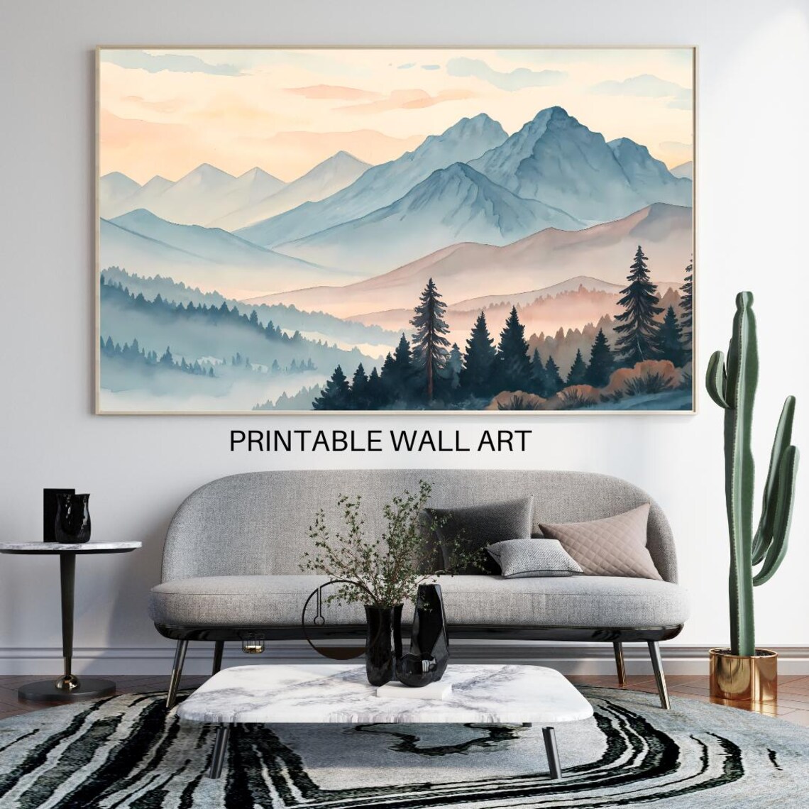 Calming Mountains Wall Art Large Art High Resolution Print Horizontal Wall Art Print Colorful Watercolor Art - Image 4