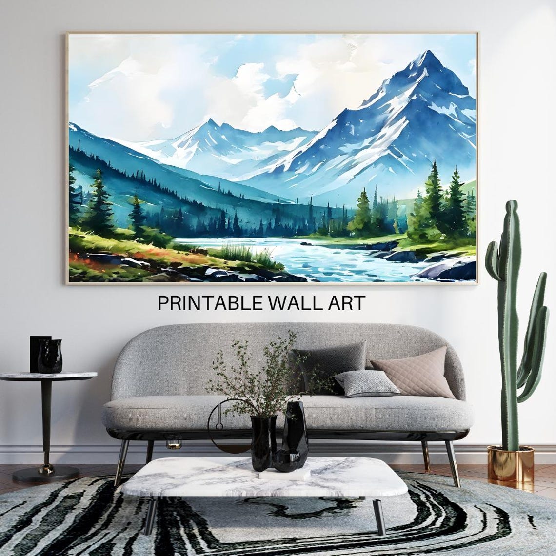 Snowy Mountain River Valley Watercolor Morning Light Landscape Poster - Image 4