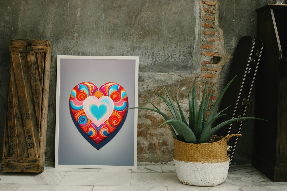 Psychedelic Swirl Heart Colorful Retro Groovy Love Art Poster - Image 3