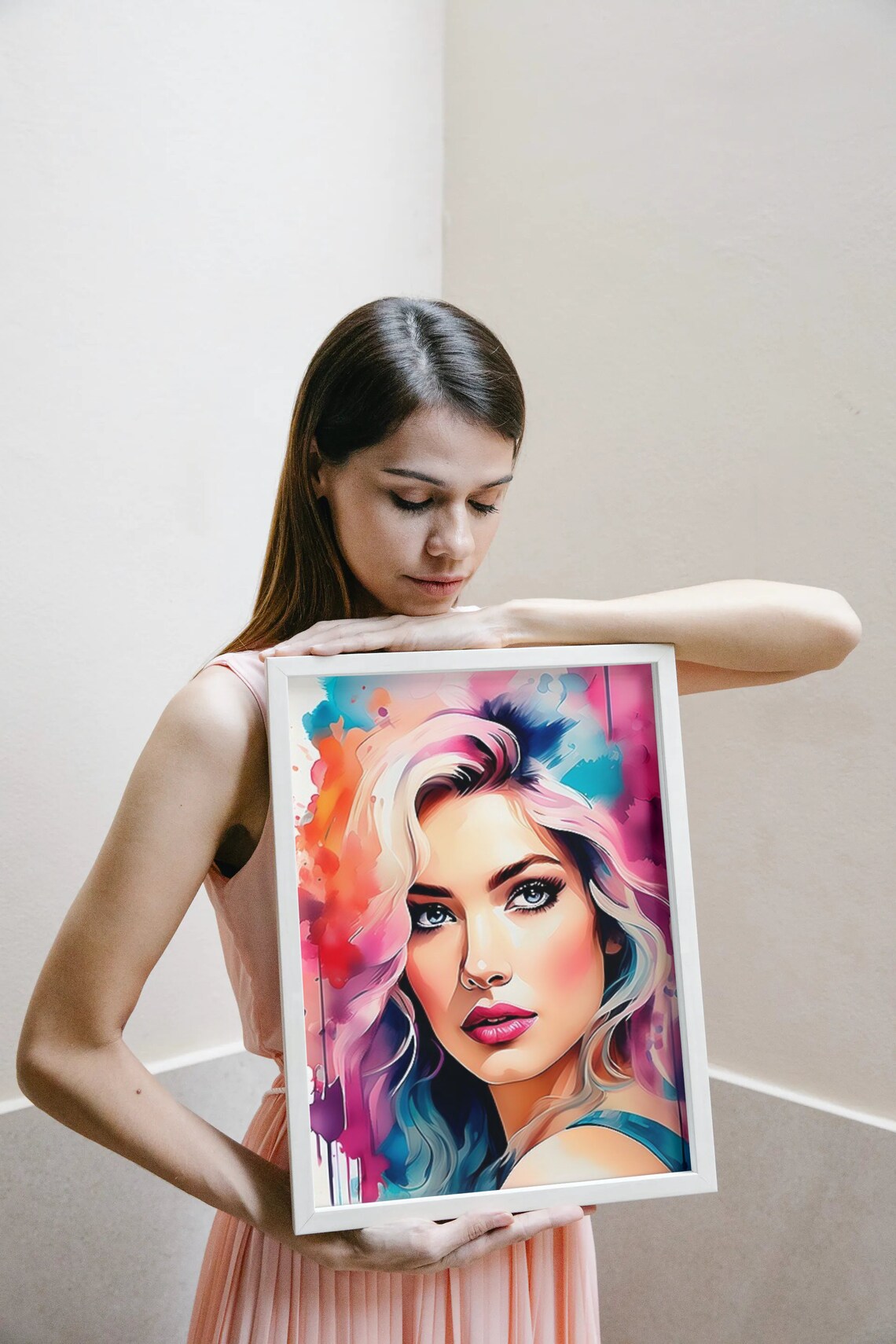 Blonde Woman Watercolor Portrait Colorful Modern Feminine Wall Art - Image 4