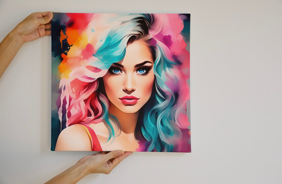 Colorful Woman Portrait Watercolor Pink Teal Hair Fashion Art Poster - Image 4