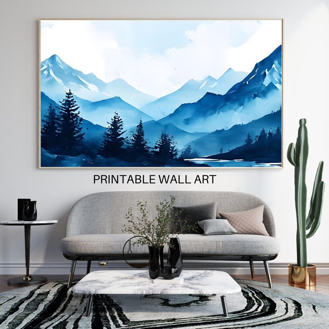 Monochrome Blue Mountains Watercolor Pine Forest Panorama Wall Poster - Image 4