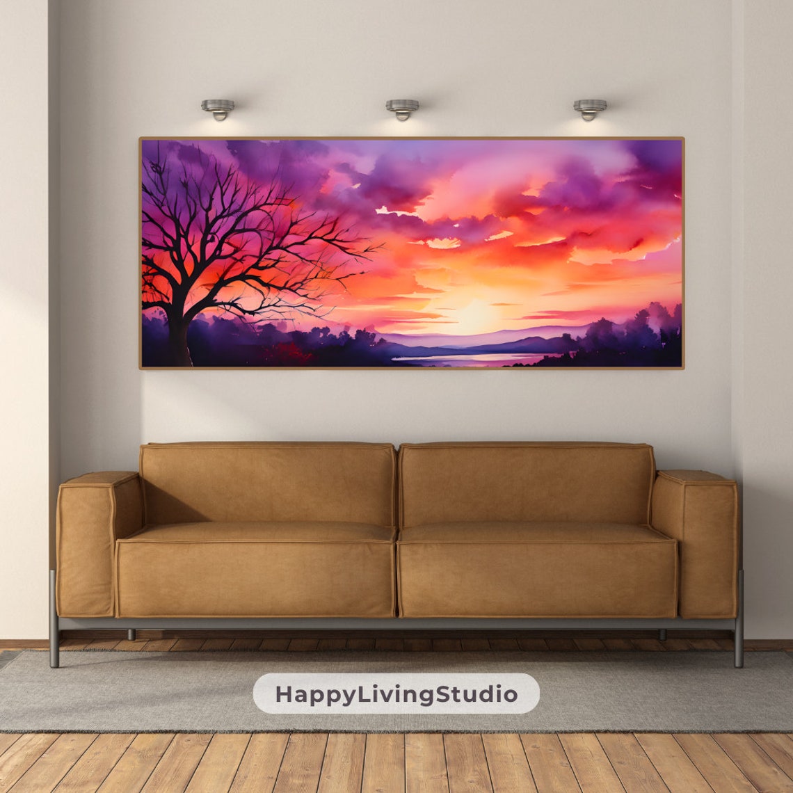 Vivid Sunset Sky Watercolor Purple Orange Clouds Bare Tree Poster - Image 2