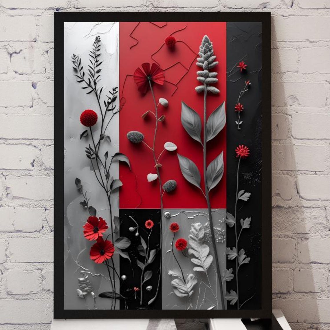 Red Silver Black Wildflower Abstract Poster Modern Botanical Artwork