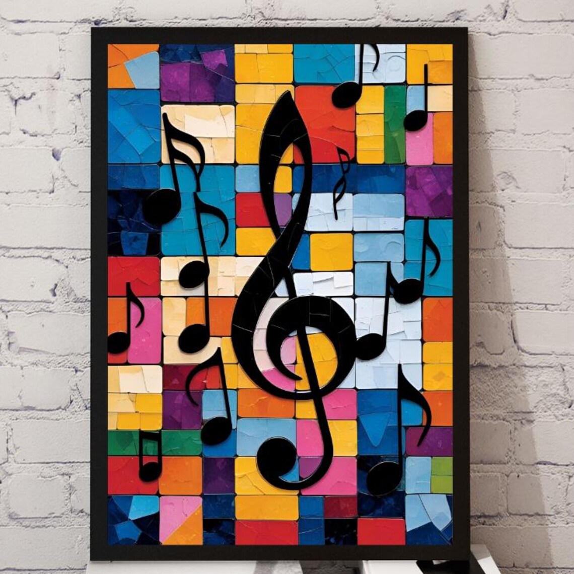 Playful Colorful Tile Treble Clef and Mosaic Music Art Poster
