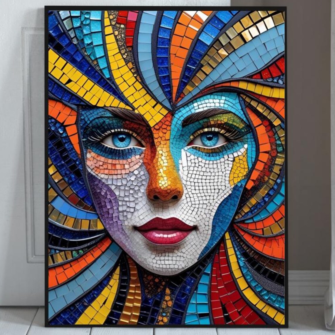Sunburst Stripe Hair Woman Face Blue Eye Mosaic Portrait Poster