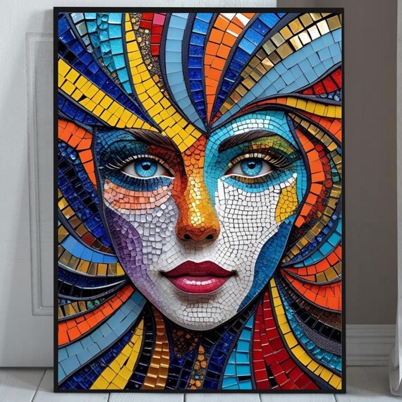 Modern Multicolour Mosaic Artwork Mid Century Wall Decor Abstract Colour Poster Colourful Picture Beautiful Woman Art Print