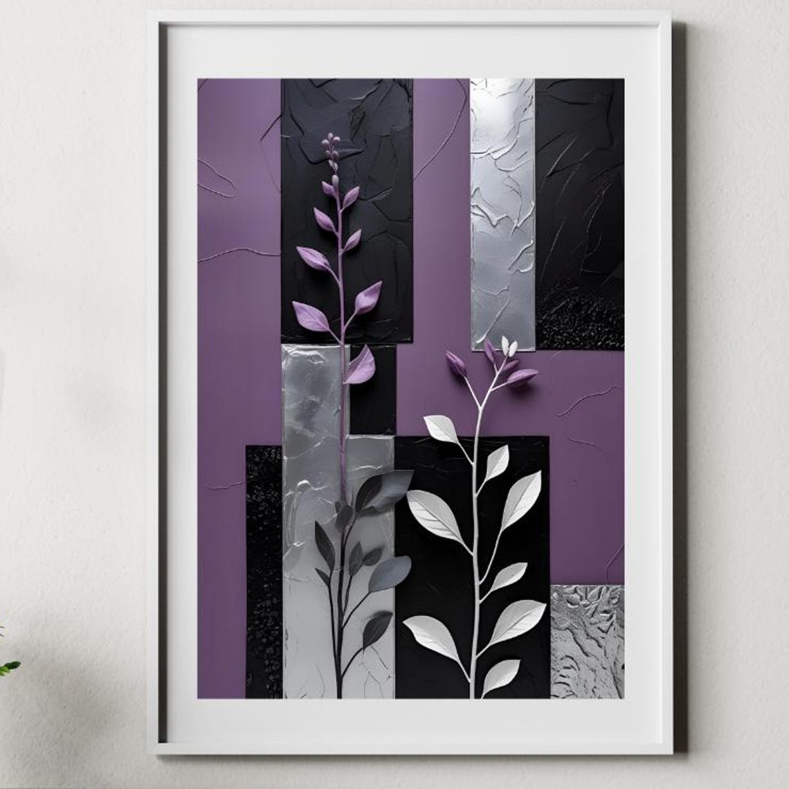 Deep Plum Silver Black Striped Botanical Abstract Modern Poster