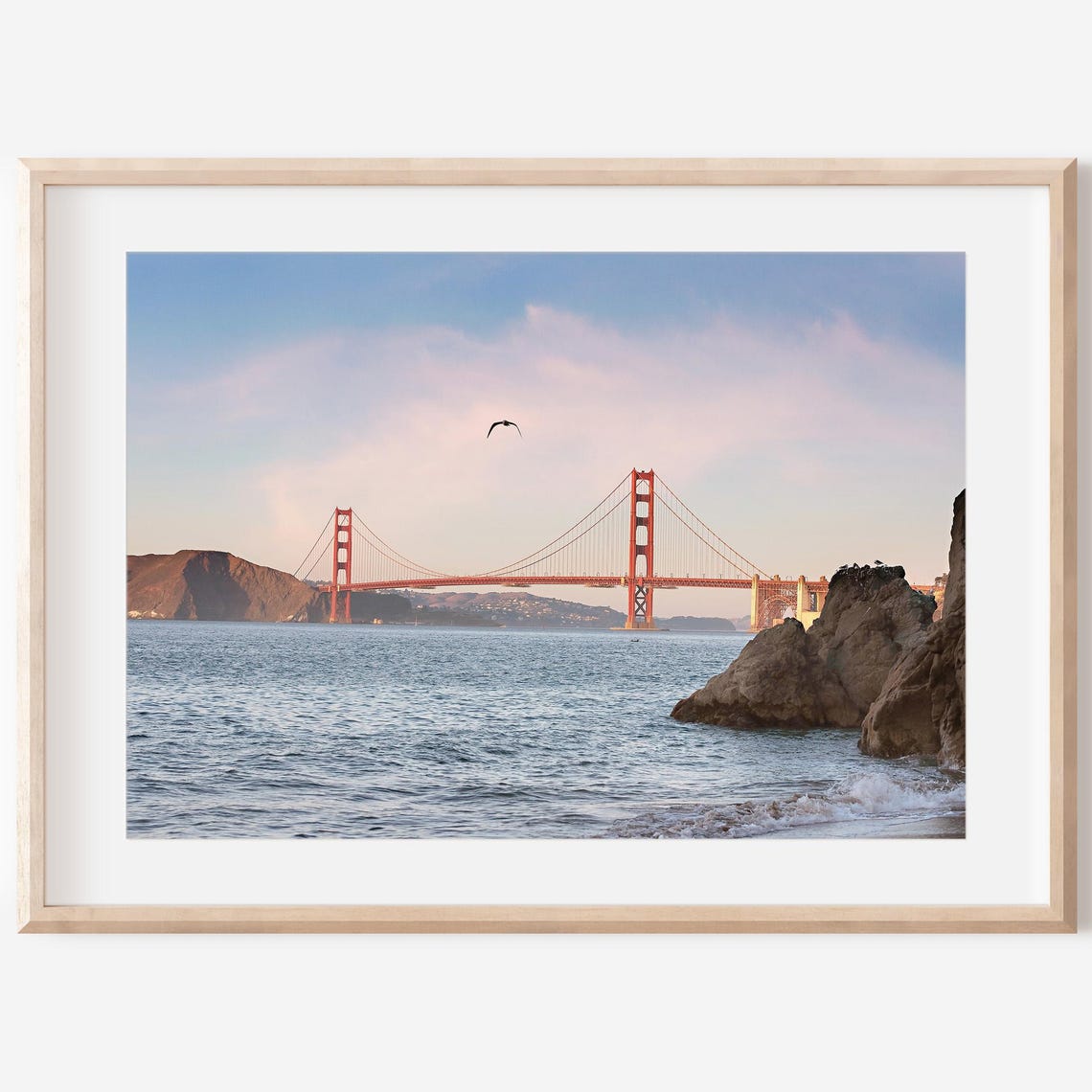 Golden Gate Bridge Shoreline Sunset Ocean Waves Photography Poster