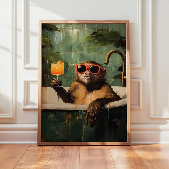 Monkey Wall Art Quirky Bathroom Poster Retro Bathtub Artwork Funny Print Capuchin Unique Animal Home Decor