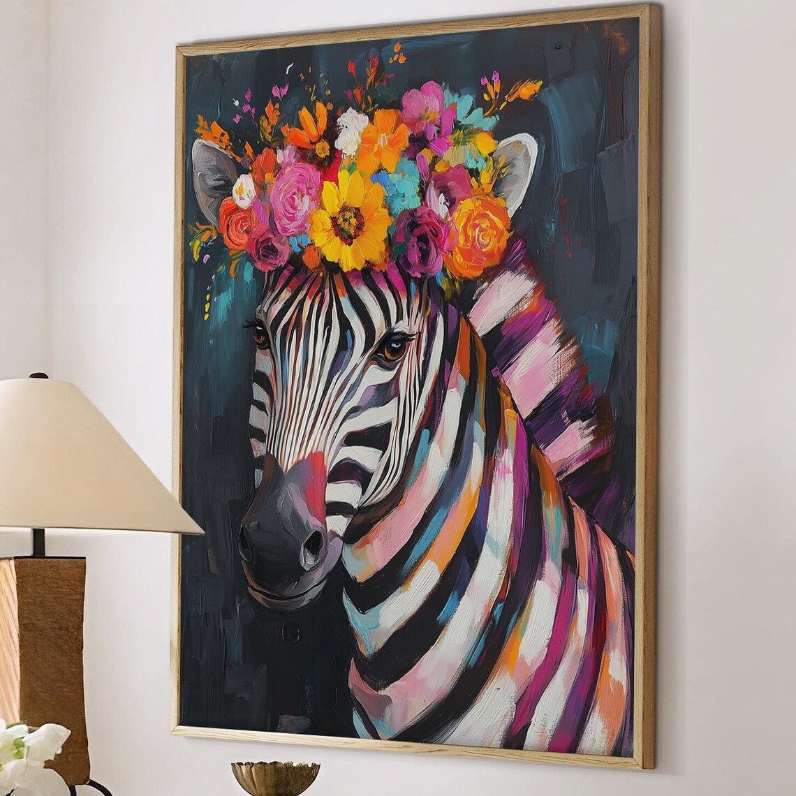 Colorful Zebra Flower Crown Pop Art Painting Wild Animal Wall Art