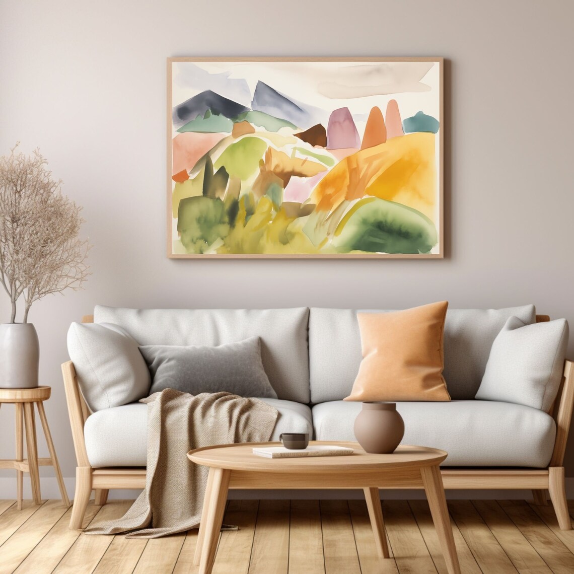 Colorful Watercolor Mountains in Teal Gold and Coral Tones Poster - Image 2
