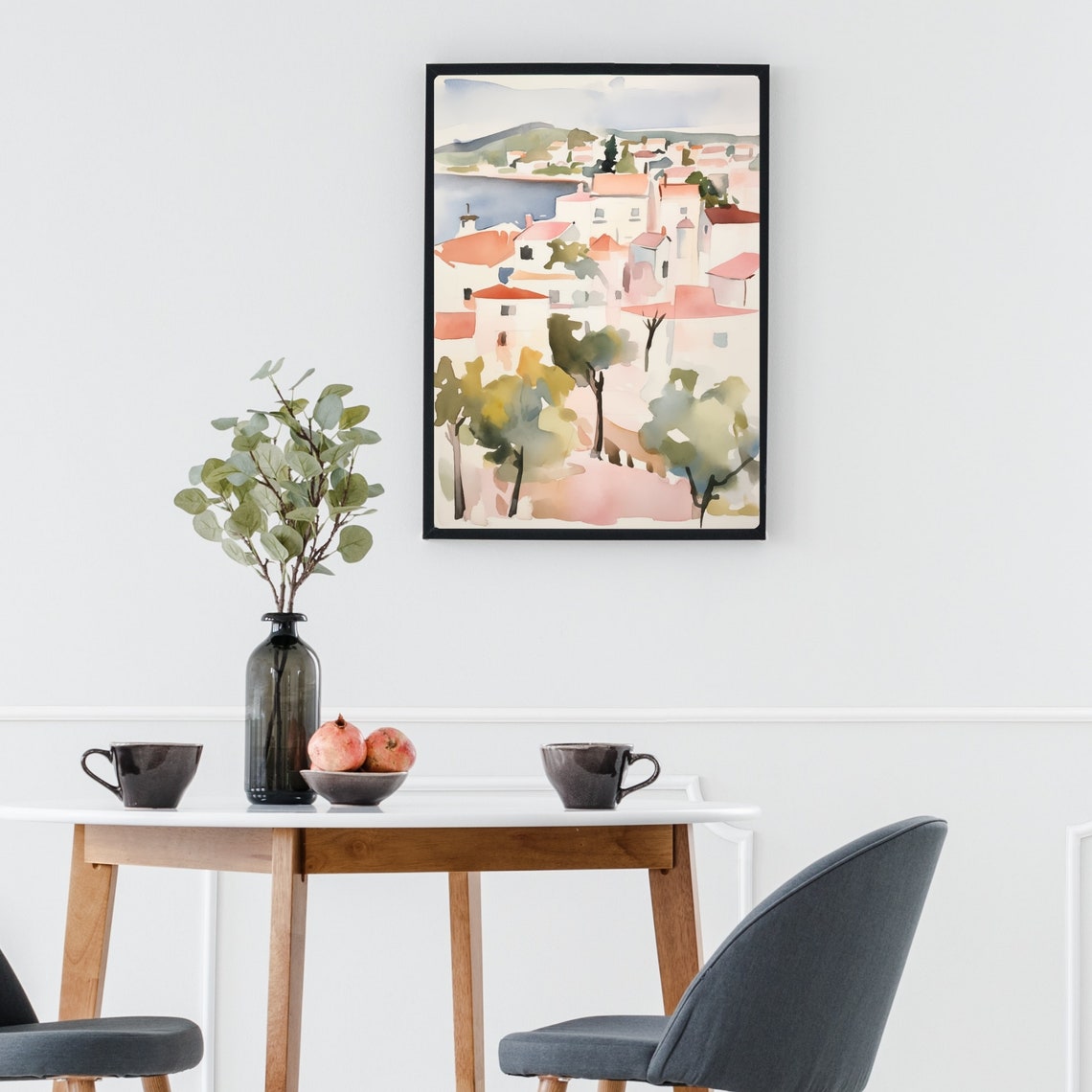 Mediterranean Harbor Town Red Rooftops Bay View Watercolor Poster - Image 2