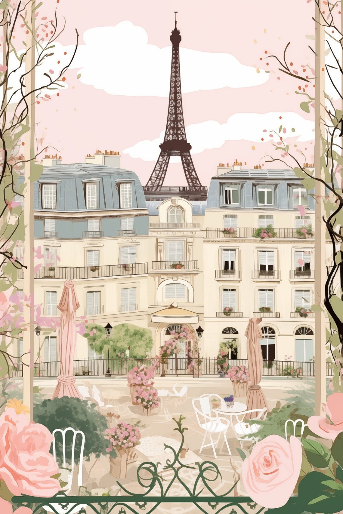 Paris Eiffel Tower Courtyard Roses Romantic Illustration Poster - Image 2