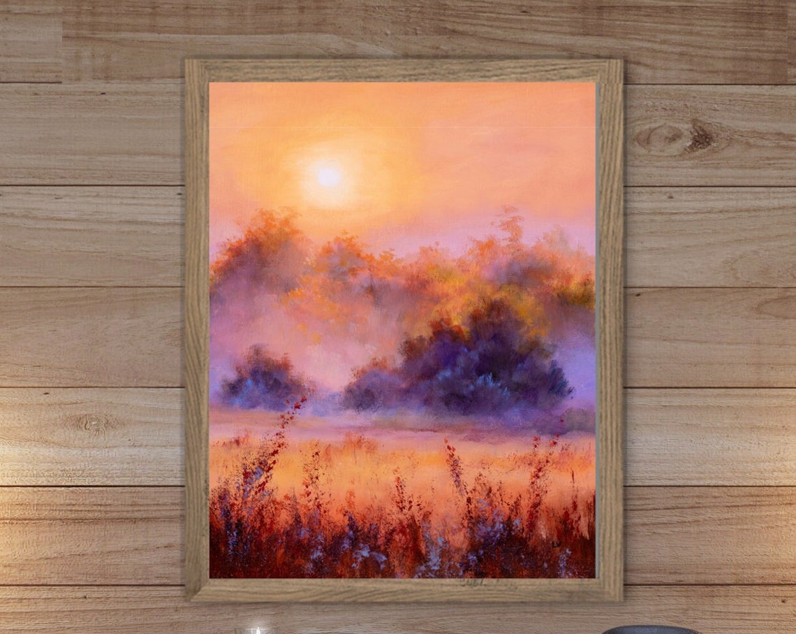 Trees In The Fog Art Print Misty Field Oats Sunset Art Foggy Oil Painting Intense Colors Trees At Sunrise Crop Field Poster Country Decor - Image 5