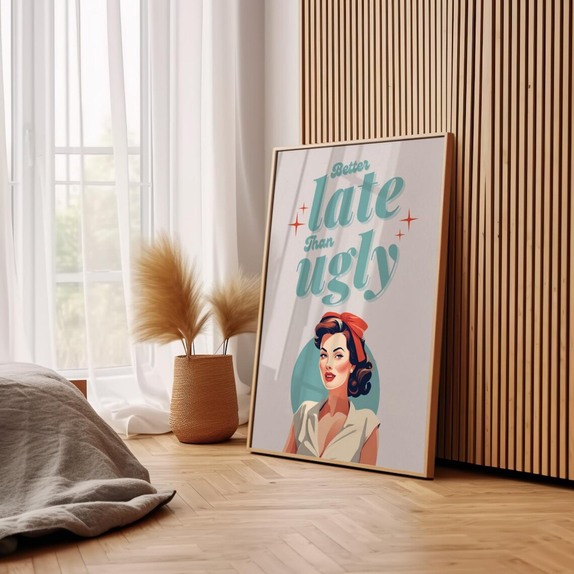 Better Late Than Ugly Teal Retro Pinup Girl Funny Quote Poster - Image 2