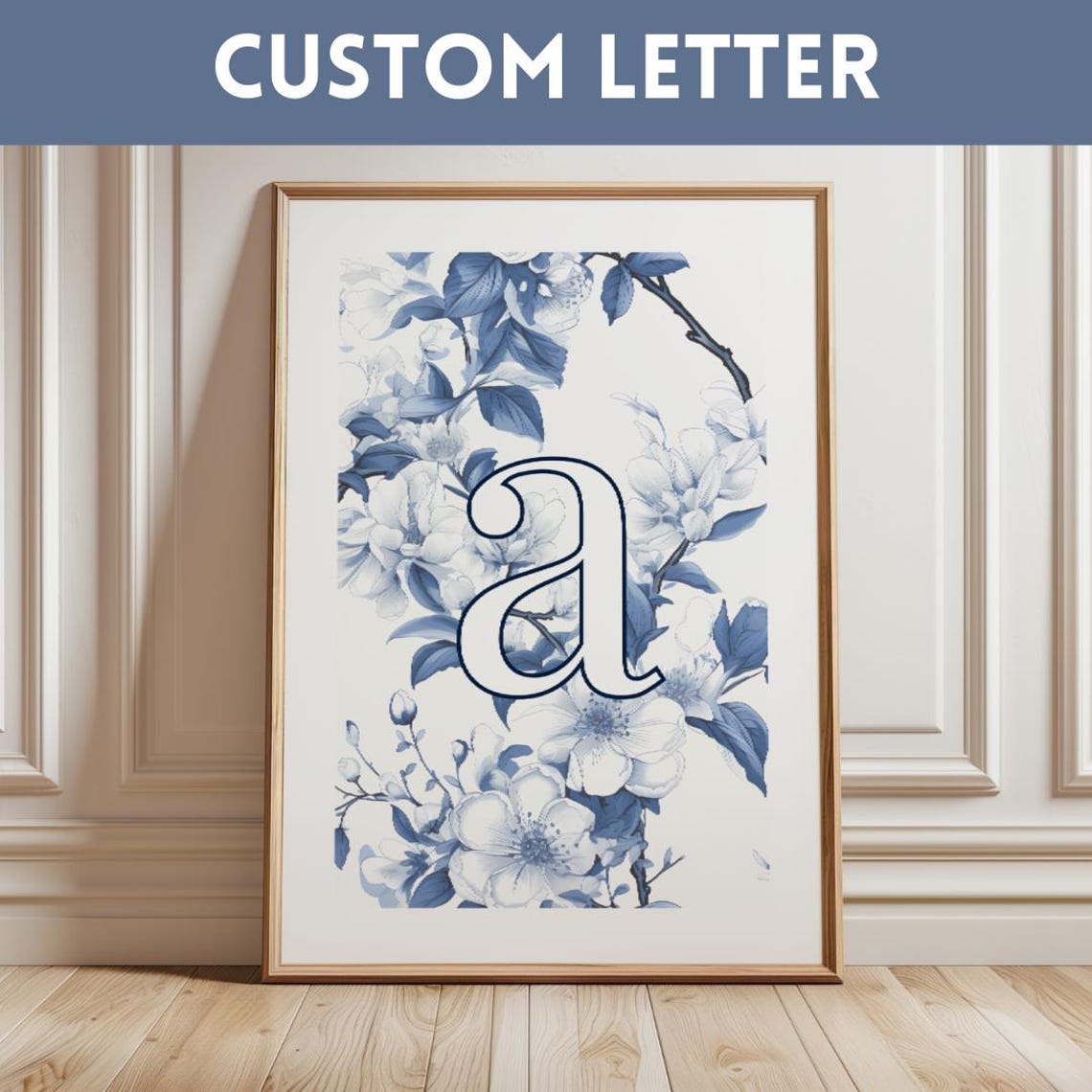 Custom Letter Floral Monogram Initial Blue Botanical Art Poster
