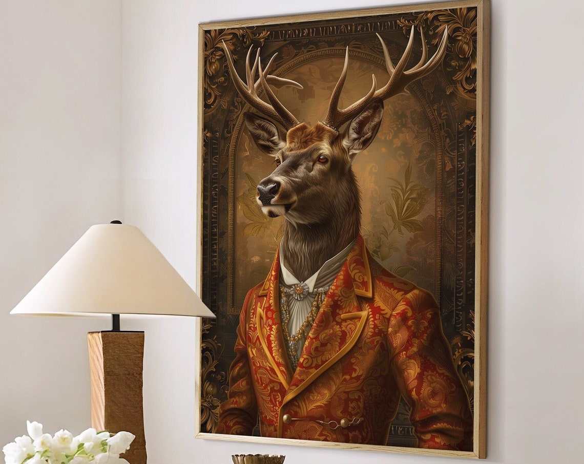 Gentleman Stag Renaissance Portrait Red Brocade Coat Animal Poster