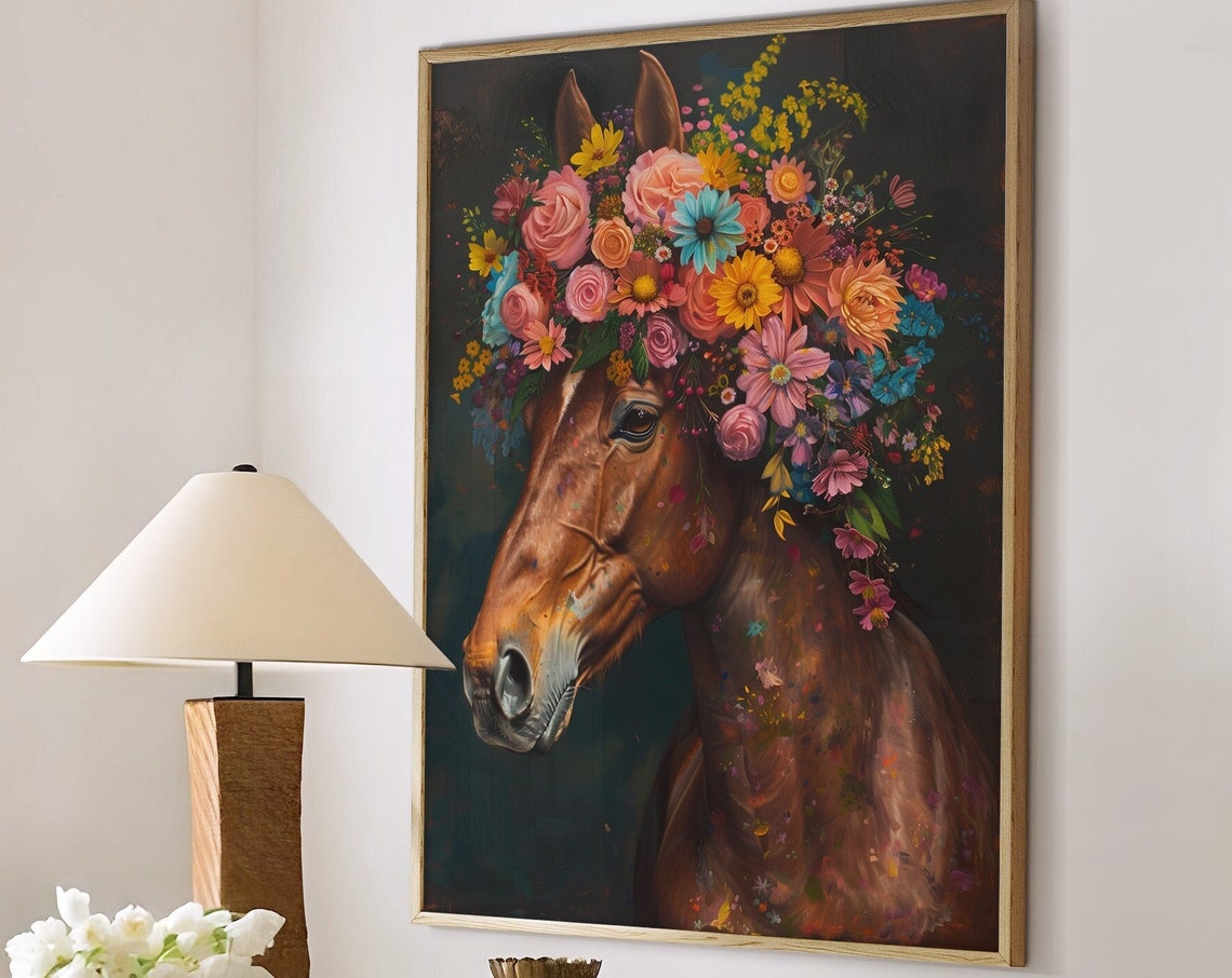 Chestnut Horse Portrait Wearing Colorful Flower Crown Poster - Image 5