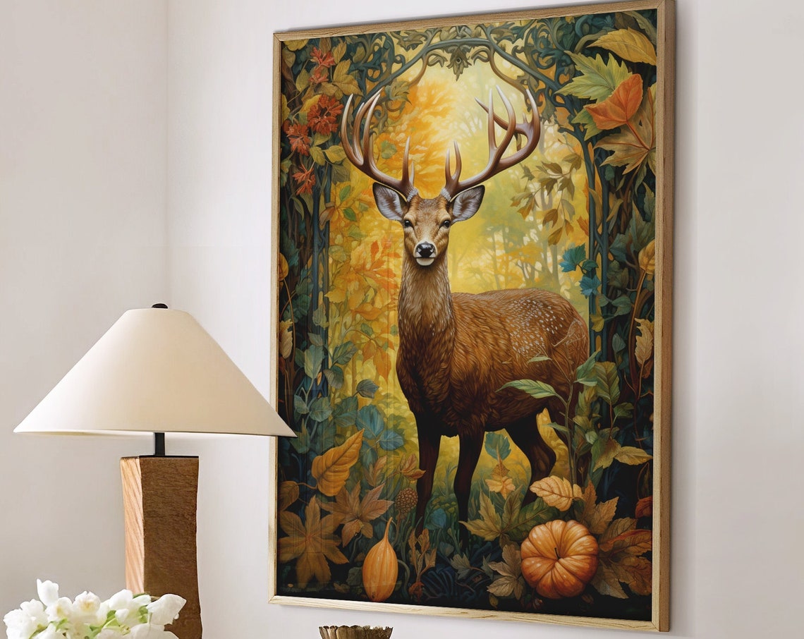 Majestic Deer Stag in Golden Autumn Forest Pumpkins Scene Poster
