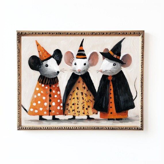 Whimsical Halloween Mice, Vintage Autumn Decor Art Print