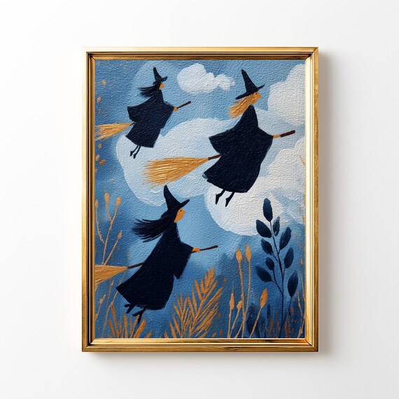 Whimsical Flying Witches, Vintage Folk Art Print