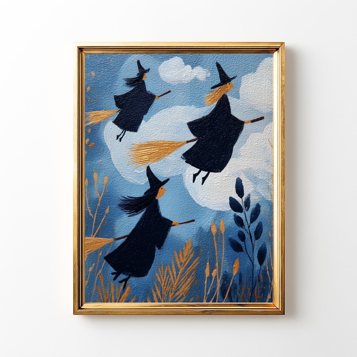 Whimsical Flying Witches, Vintage Folk Art Print