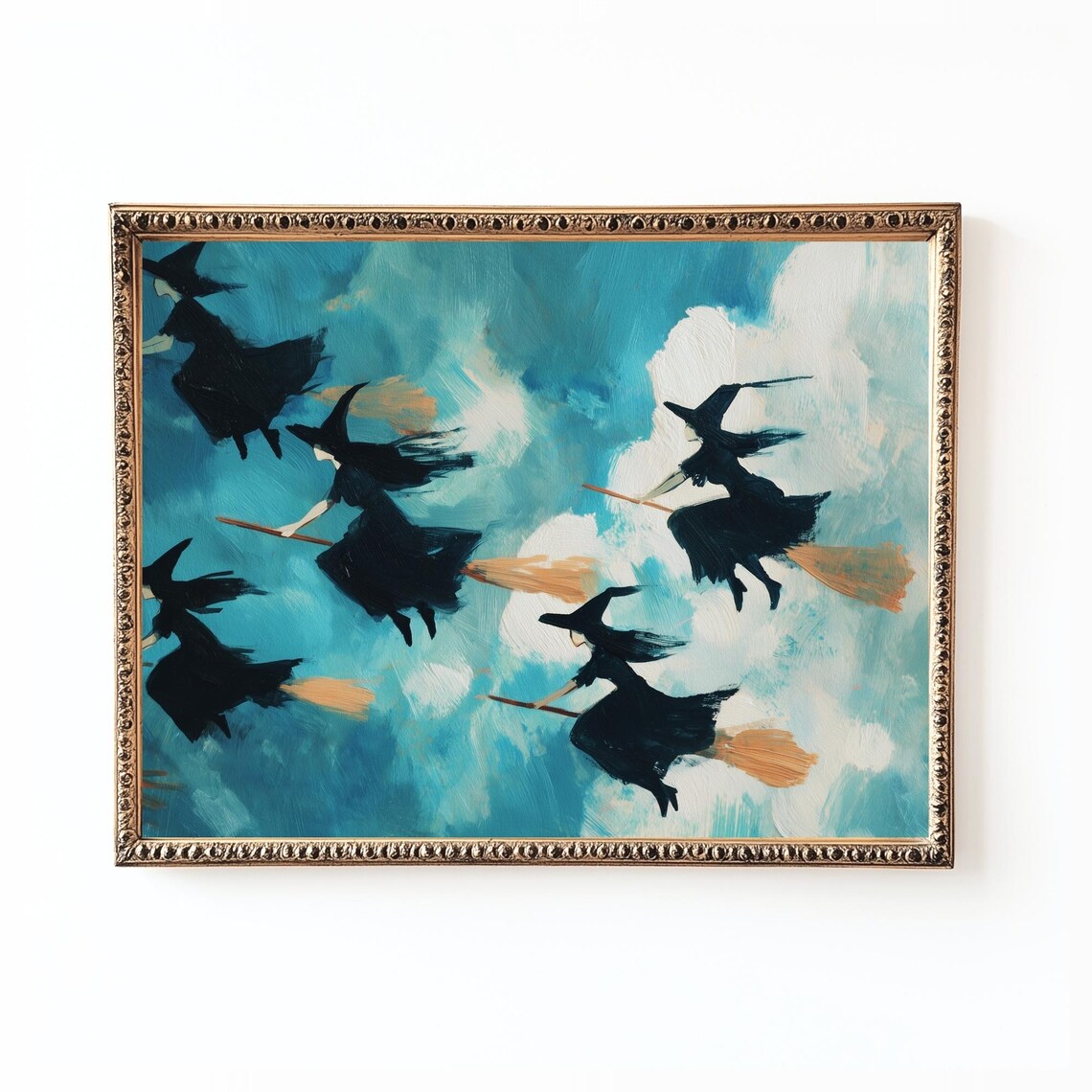 Flying Witches Vintage Halloween Teal Blue Sky Oil Painting Poster