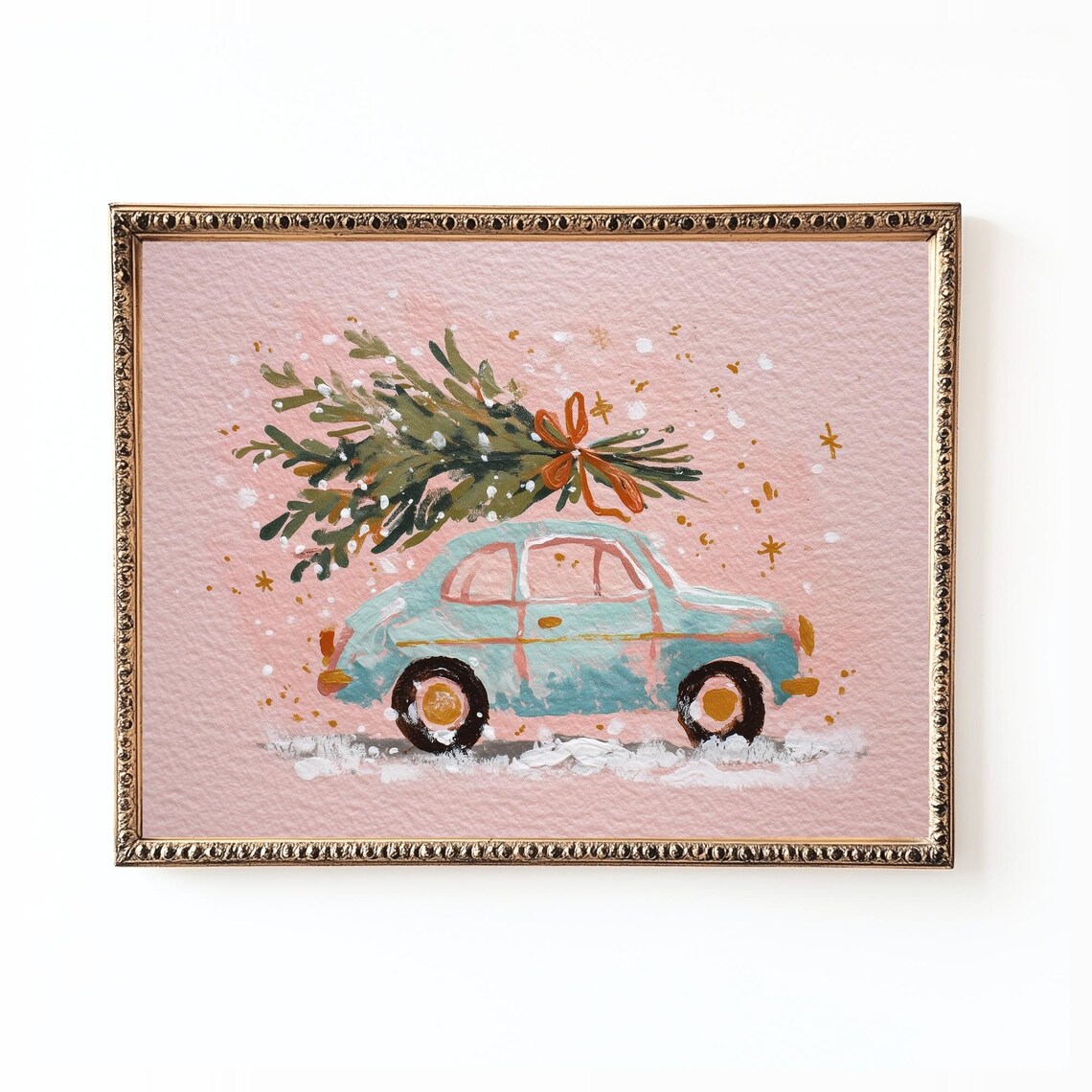Vintage Christmas Car Retro Holiday Art Print