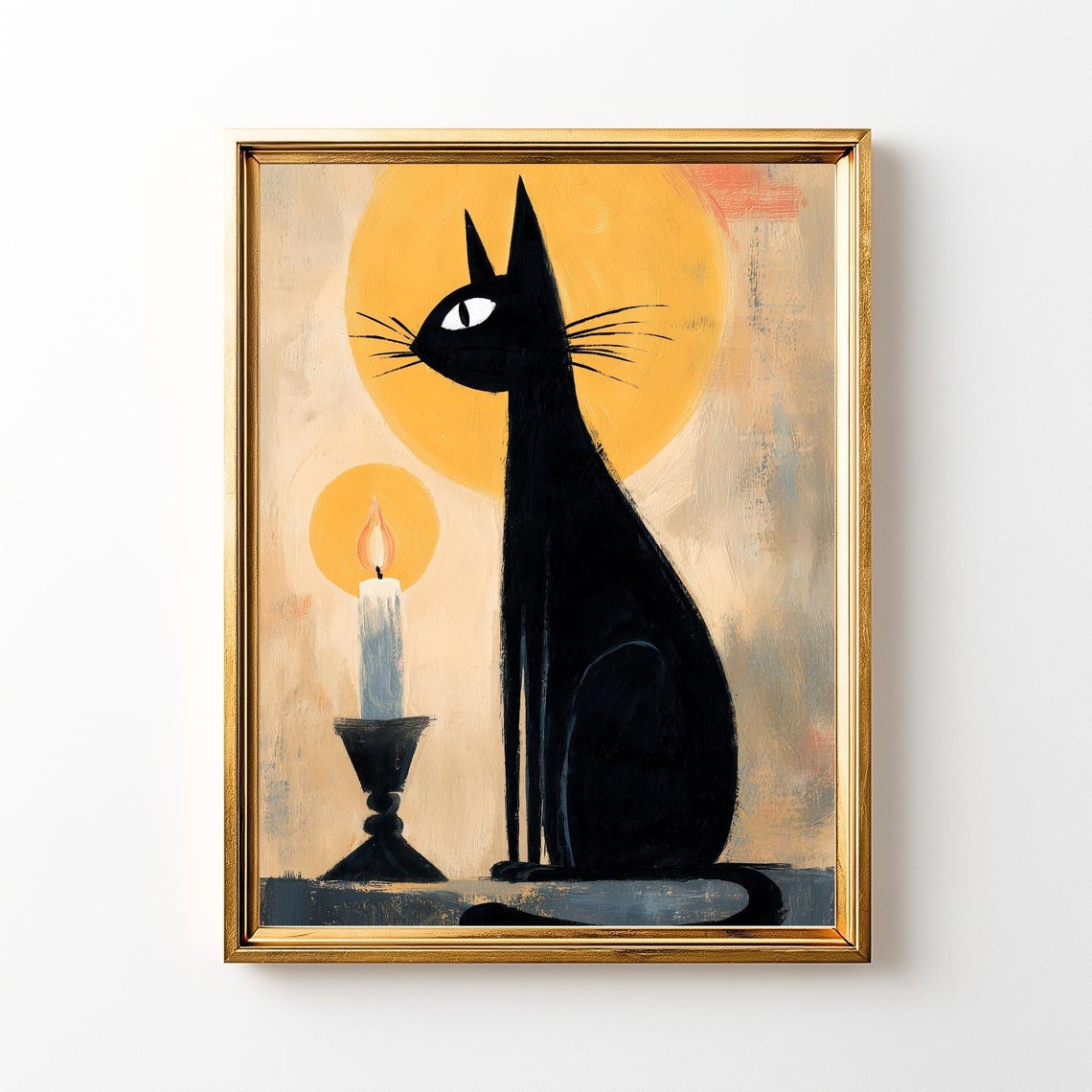 Black Cat Candle Moon Folk Style Halloween Painting Artwork Poster