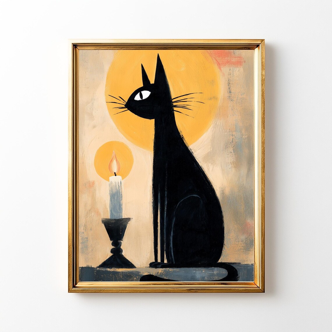 Vintage Black Cat Halloween Print Spooky Folk Art