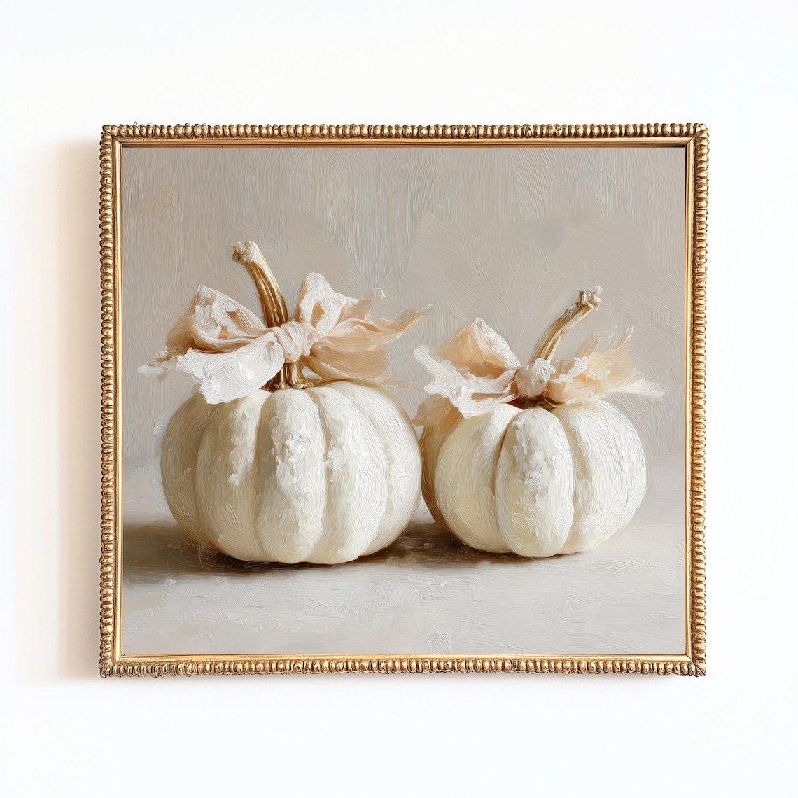 Pair Of White Pumpkins With Linen Bows Fall Oil Painting Poster