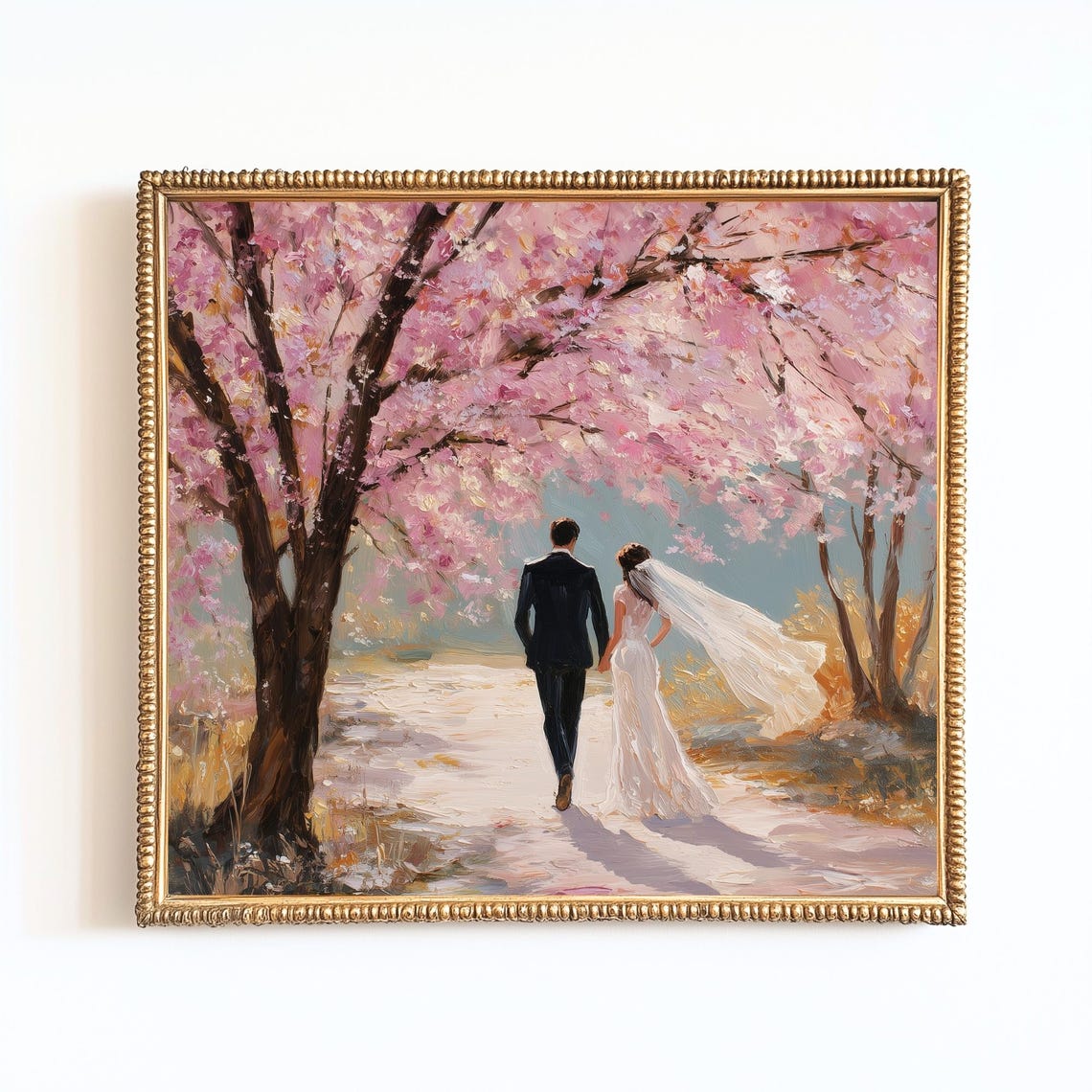 Newlyweds Walking Under Cherry Blossom Trees Romantic Wedding Poster