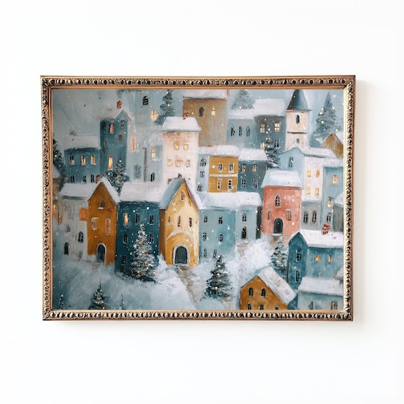 Winter Village Poster Print, Cozy Holiday Town Scene