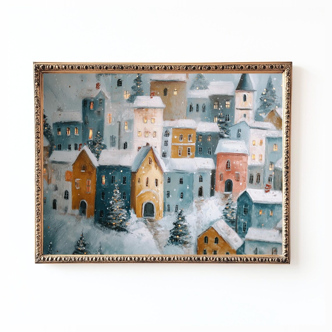 Winter Village Poster Print, Cozy Holiday Town Scene