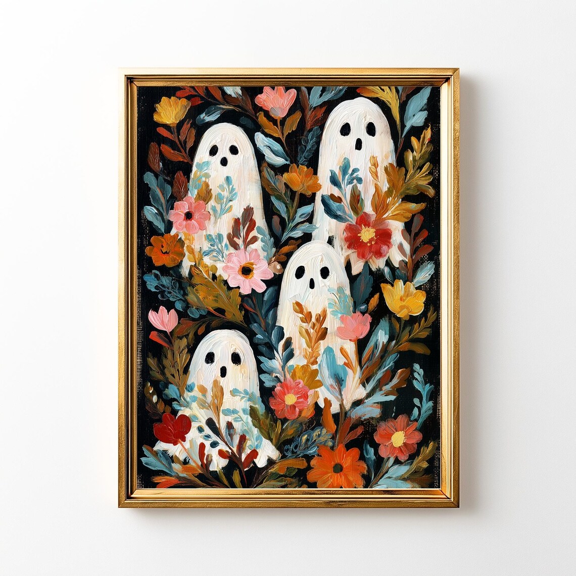 Four Cute Ghosts Dark Floral Garden Halloween Painting Style Poster