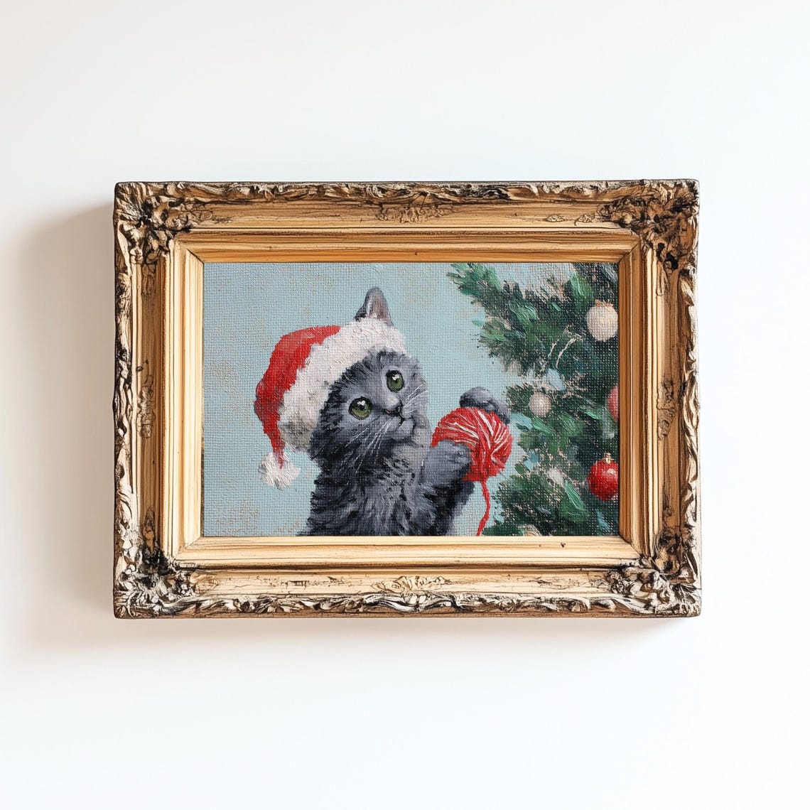 Grey Christmas Kitten Santa Hat Red Yarn Cozy Holiday Wall Art