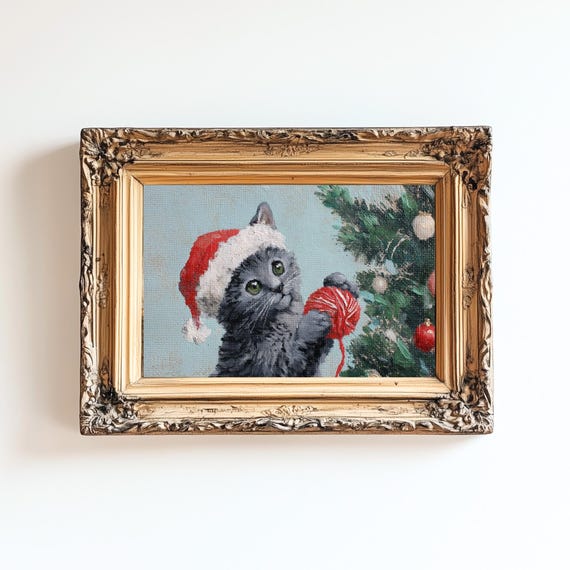 Christmas Kitten Print Santa Hat Cozy Winter Nursery Decor