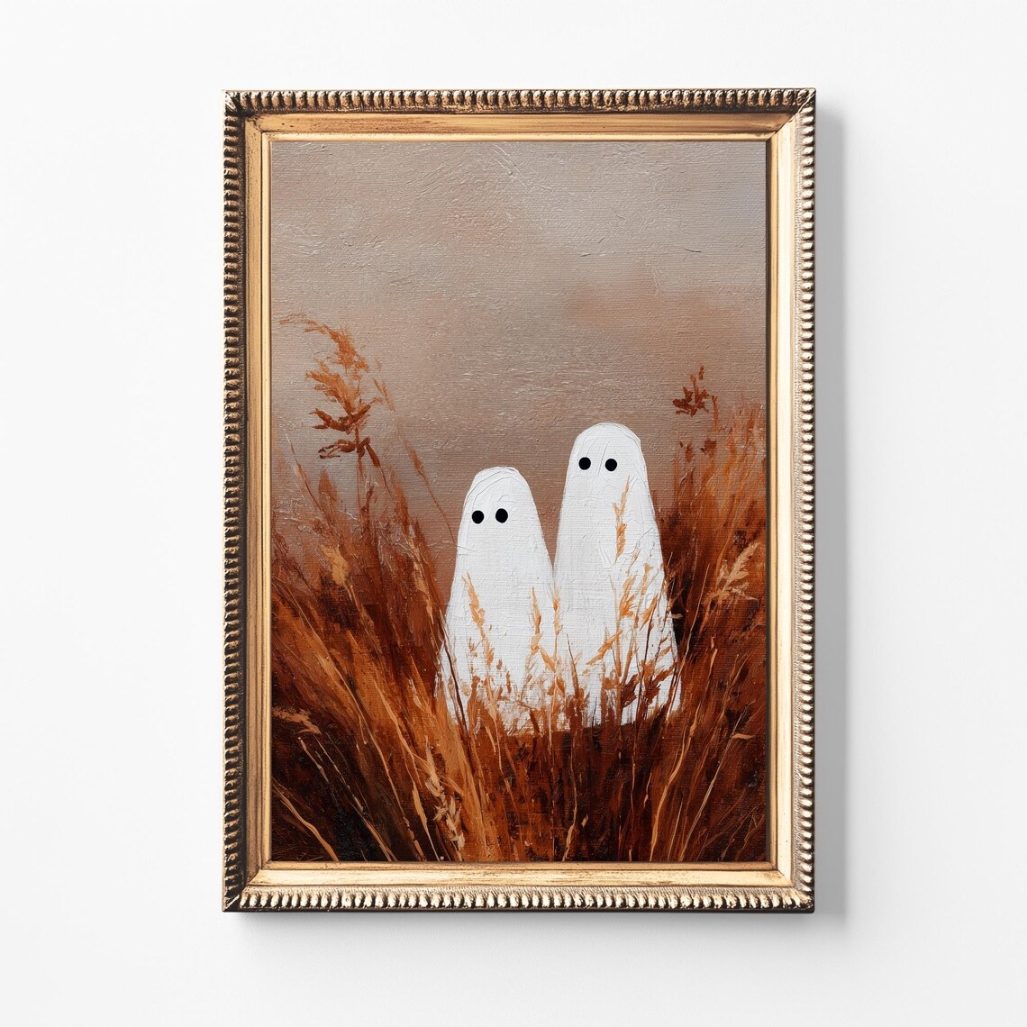 Two Cute Ghosts In Moody Autumn Field Vintage Halloween Art Poster