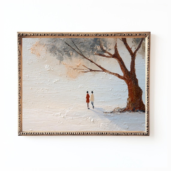 Autumn Couple Under Tree Print Minimalist Textured Wall Art