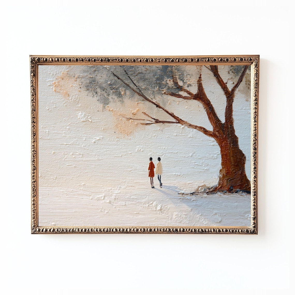 Autumn Couple Under Tree Minimalist Textured Painting Wall Art