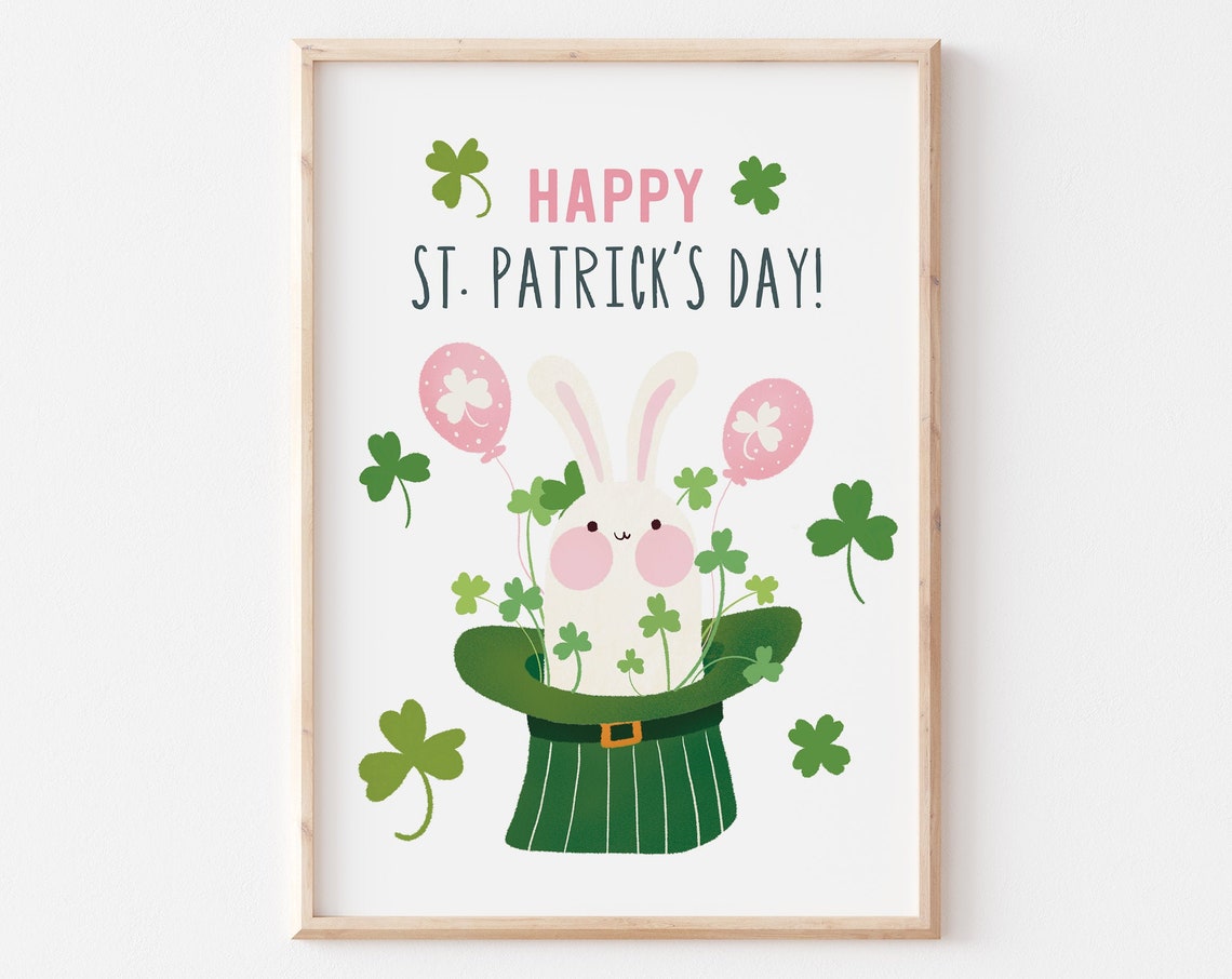 Happy St Patrick's Day Cute Bunny Leprechaun Hat Kids Nursery Wall Art