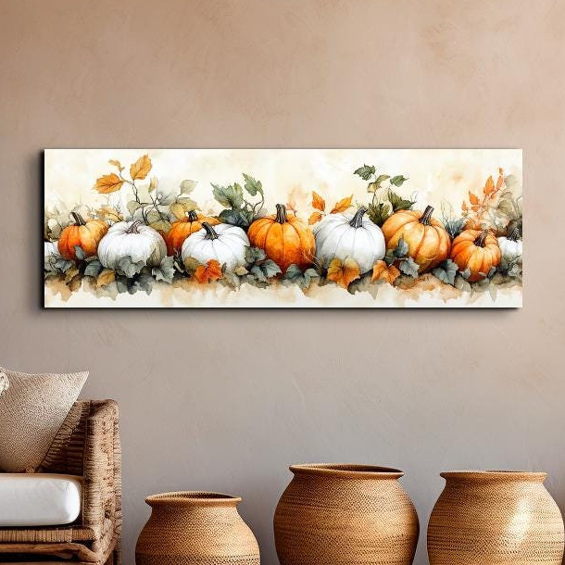 Orange White Pumpkin Row With Ivy Autumn Harvest Still Poster