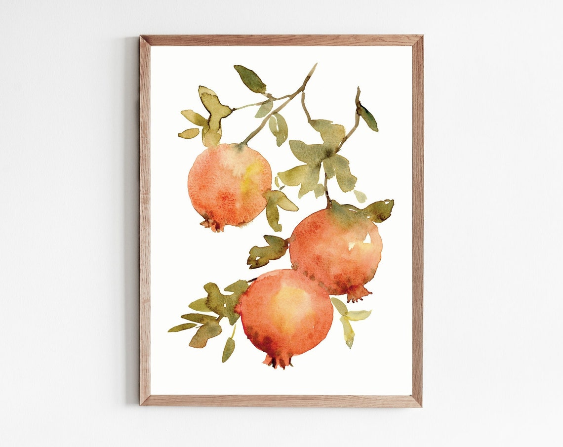 Pomegranate Branch Watercolor Print Kitchen Botanical Fruit Decor