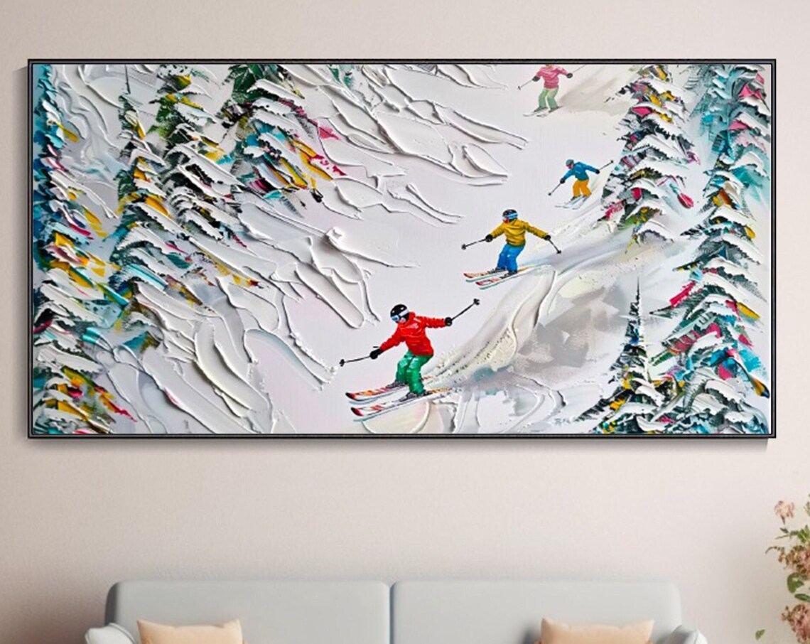 Colorful Skiers Descending Snowy Slope Textured Winter Sports Poster
