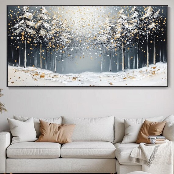 Large Long Wide Original Winter Forest Painting On Horizontal 3d Textured Wall Art Panoramic Forest Trees Wall Art Starlit Art