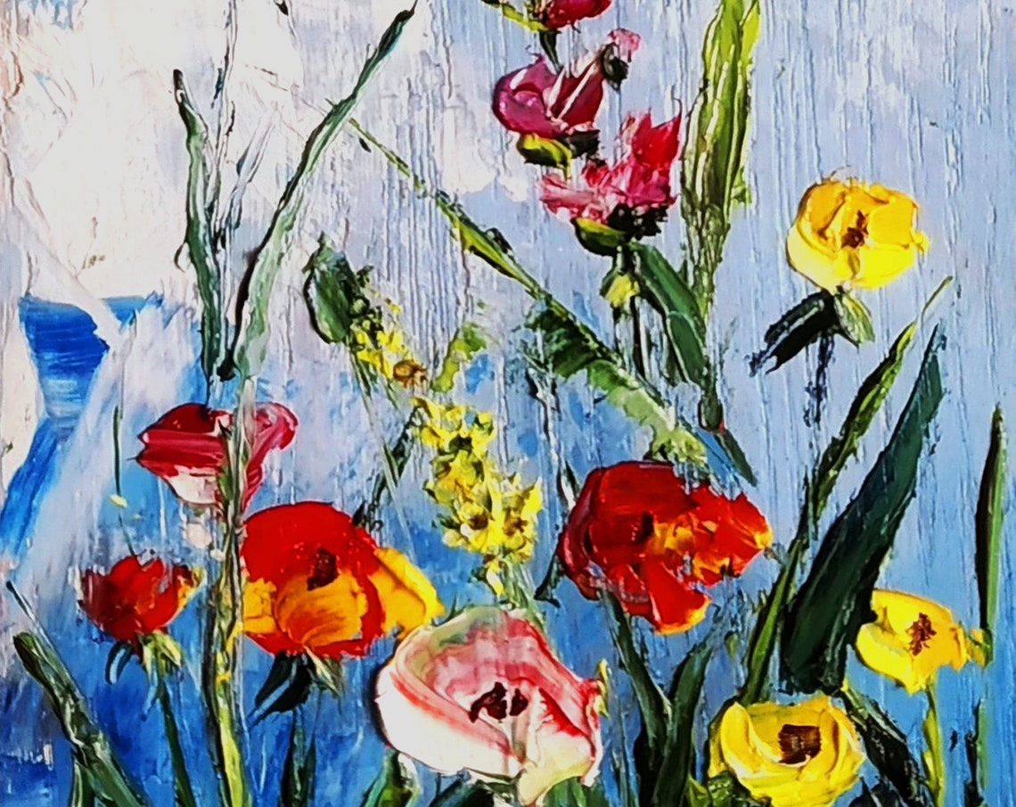 Red Poppies and Yellow Wildflowers Meadow Impasto Oil Poster