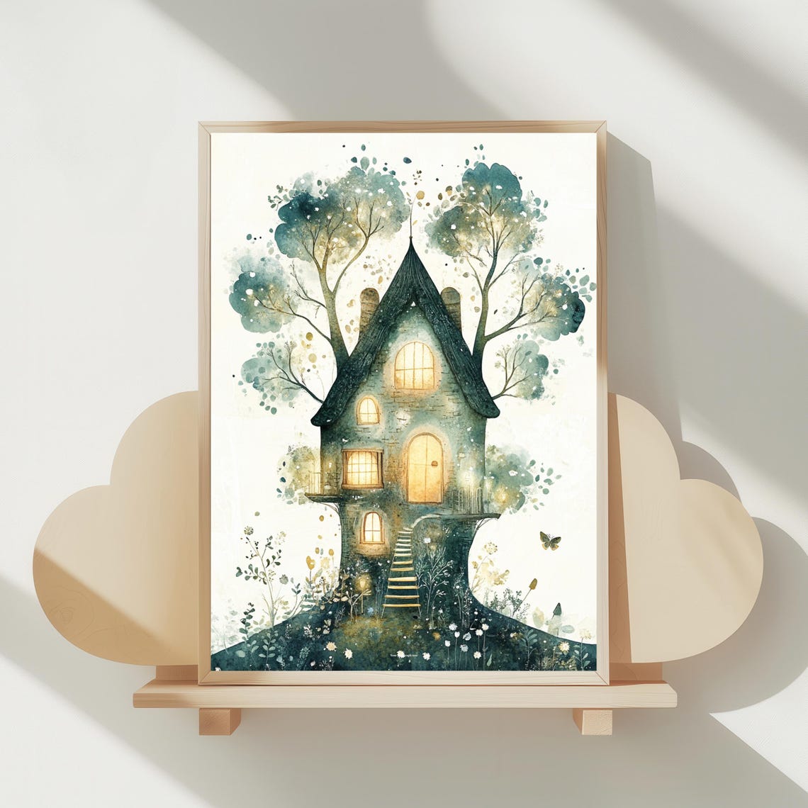 Whimsical Dark Tree Cottage with Glowing Windows Nursery Poster