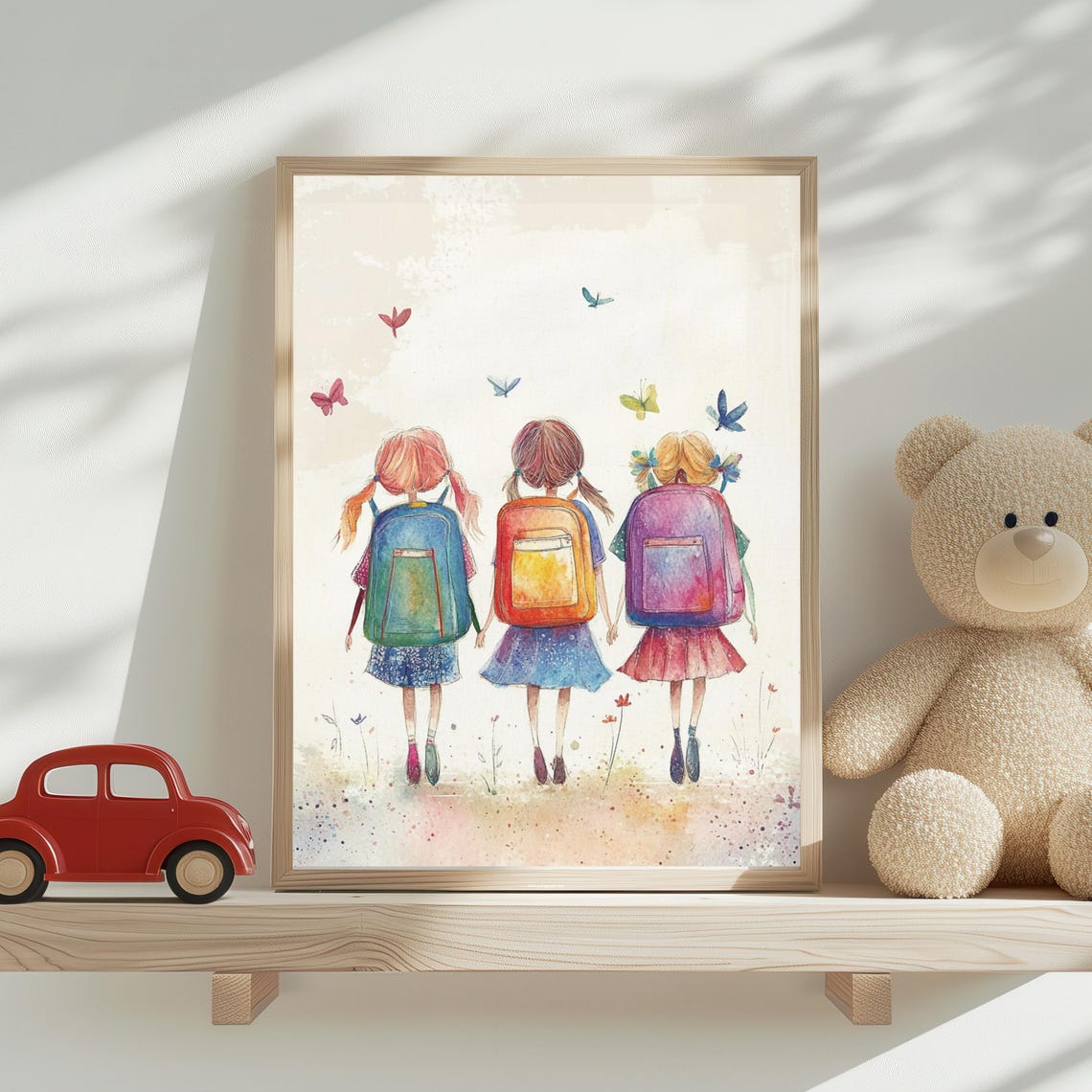 Three School Girls with Backpacks Walking Watercolor Kids Print