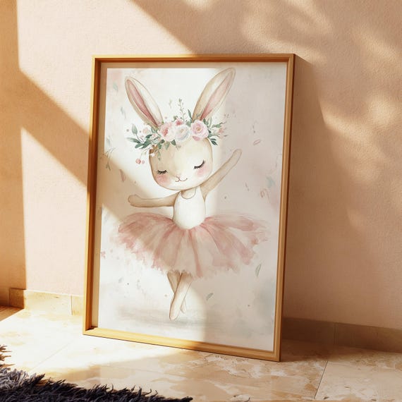 Bunny Ballerina Watercolor Print Whimsical Nursery Wall Art